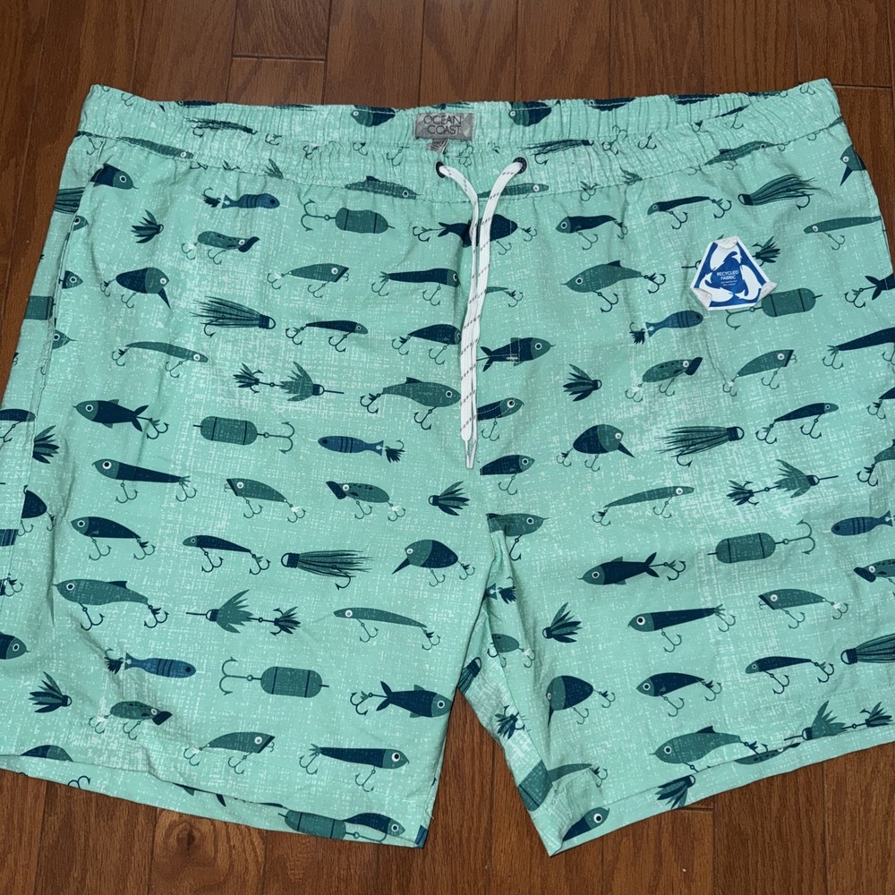Ocean Coast Men's  Swim Trunks 3XLT  Lined Stretch Shorts Beach Green Fish NWOT